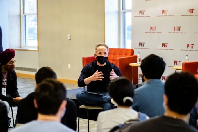 Drew Houston speaks with computer science and management students following a fireside chat