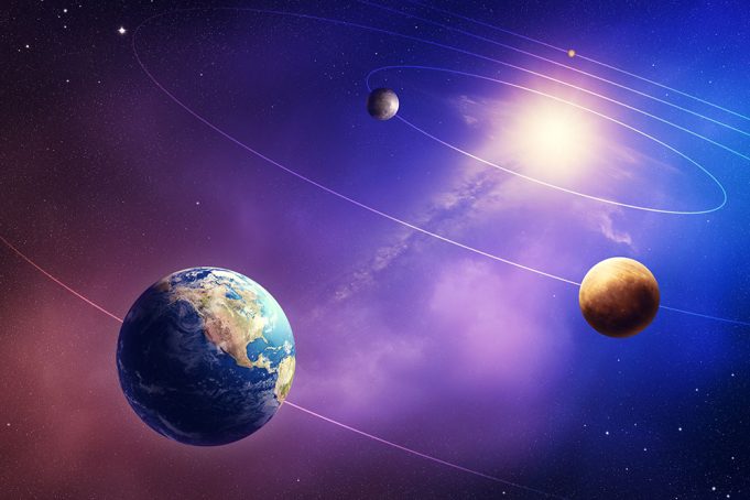 Illustration of the inner four solar system planets orbiting the sun. None are to scale.