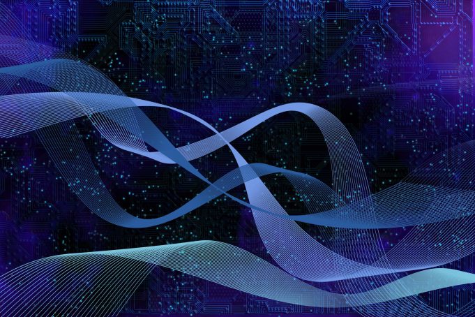 A purple background with blue wave form shapes